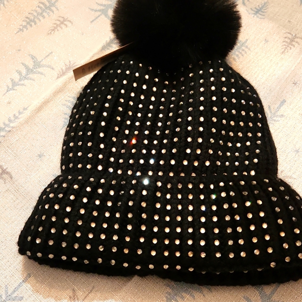 COPY - Fluffy top knot adorned with rhinestones winter knit hat.